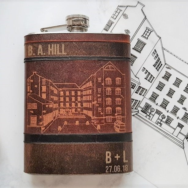 Wedding venue engraving, keepsake hip flask