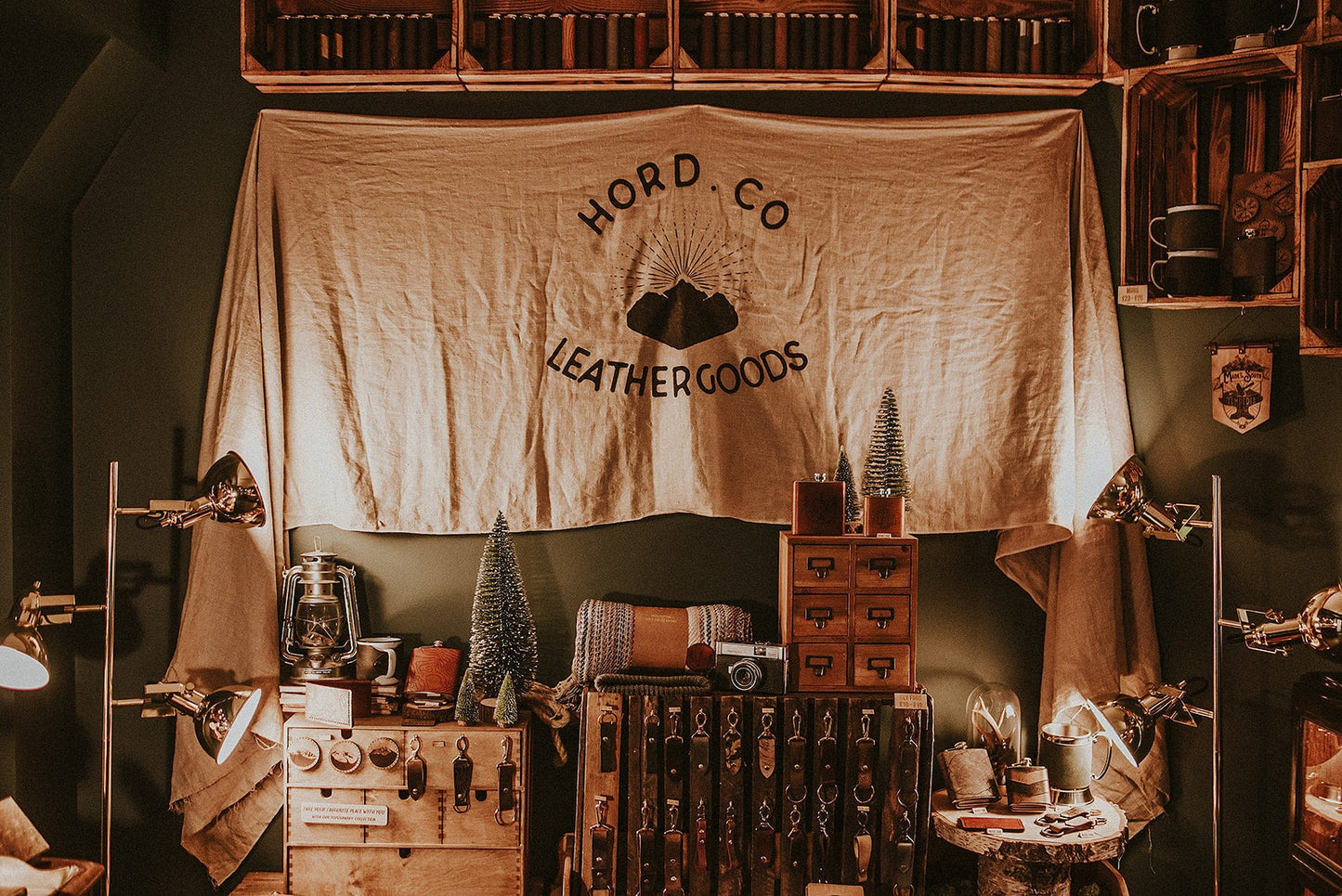 The Hord Leather Goods shop based in Marsden, showcasing keyfobs and hip flasks