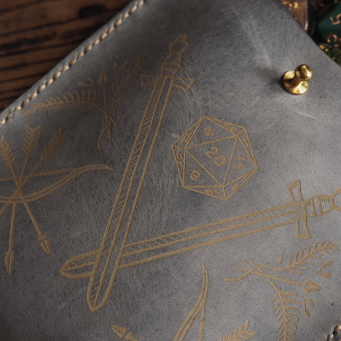 Grey Leather Dice Pouch engraved with swords, a d20 and bow