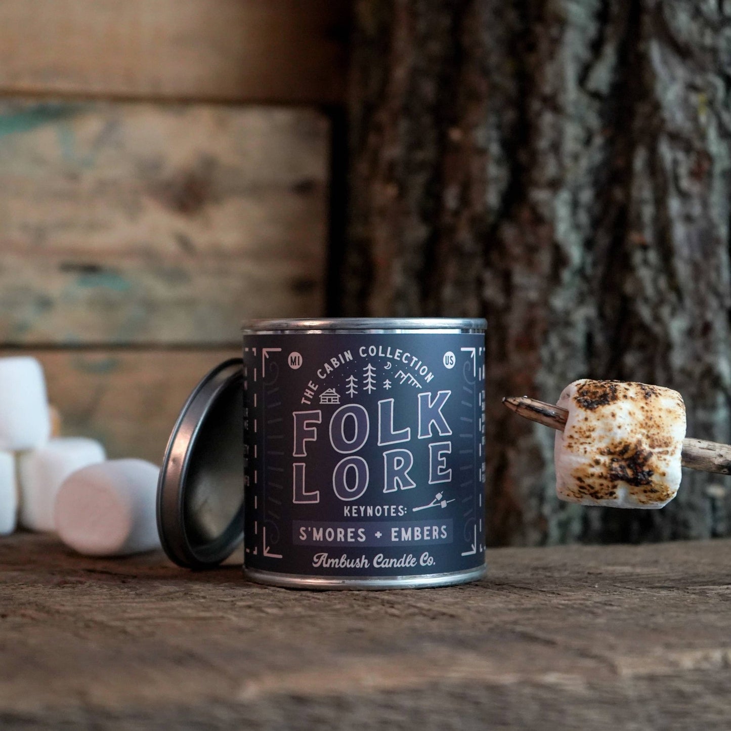Folkore Cabin, Smores and Embers, cosy woodland scene