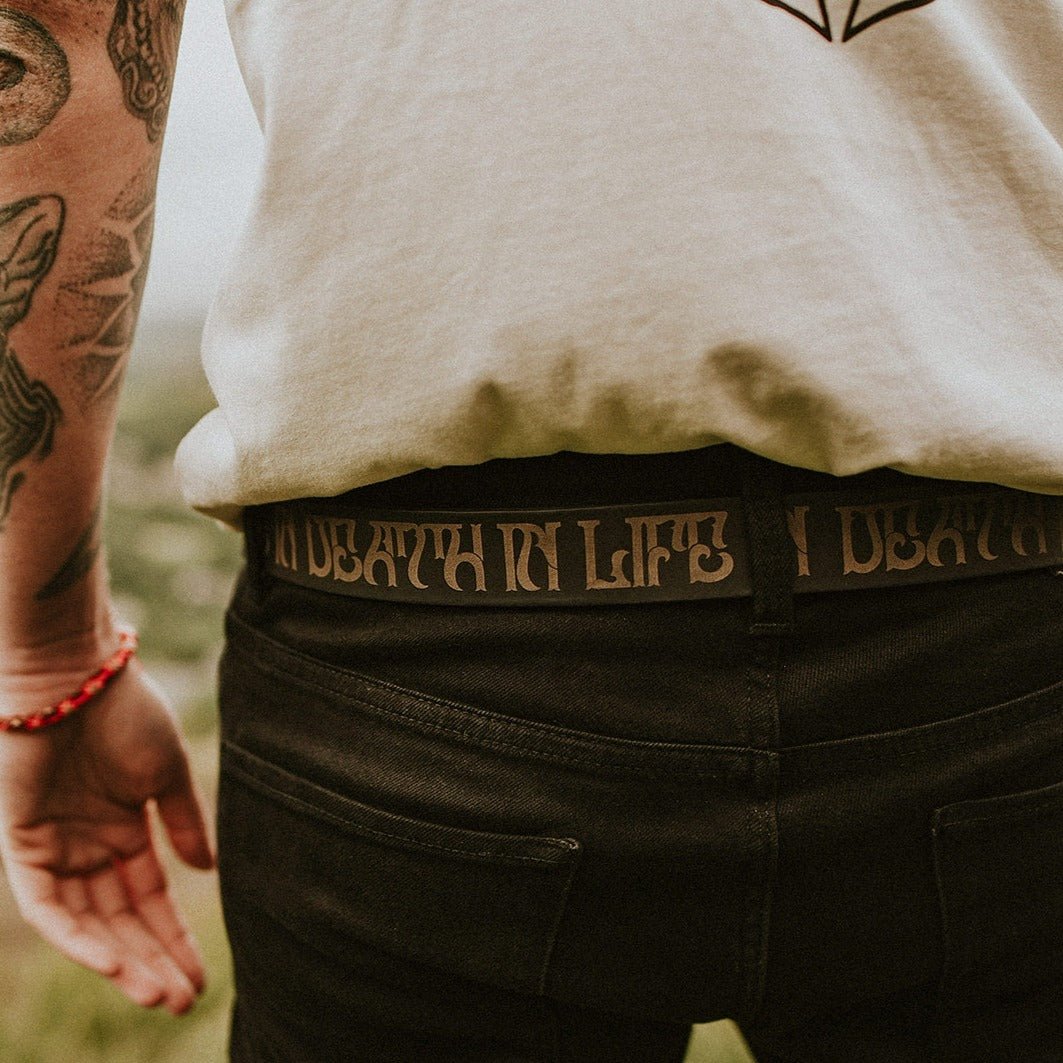 In Life / In Death Embellished Leather Belt in Black, by Hord