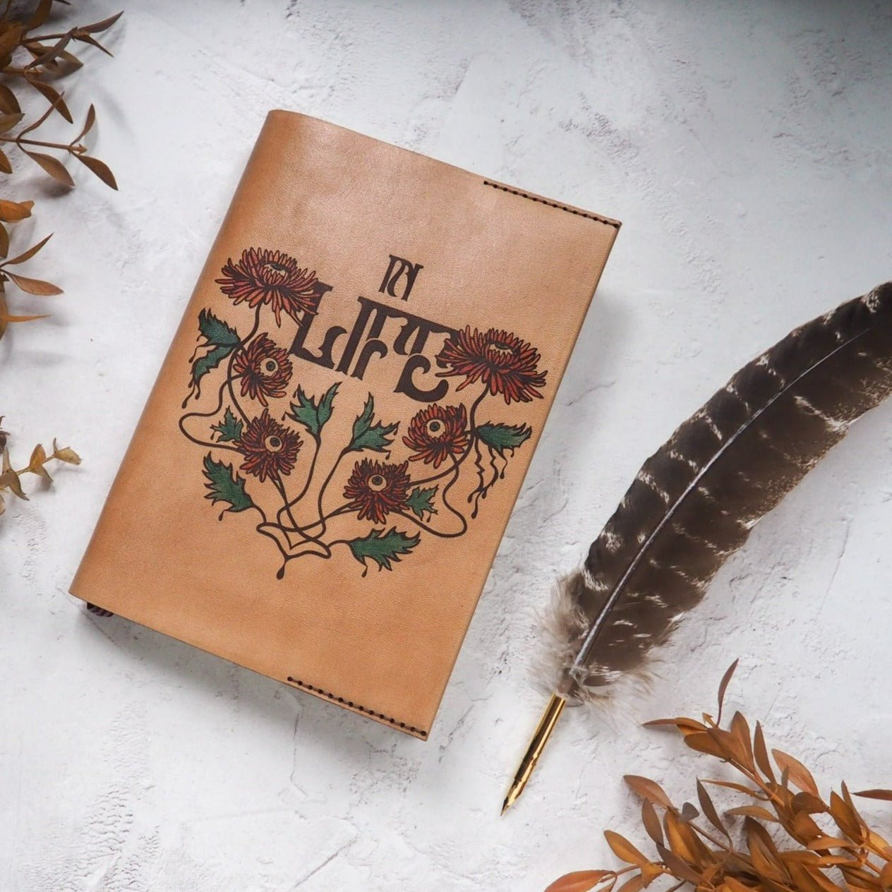 In Life / In Death Painted Journal Cover, by Hord. Boasting psychedelic blooms and mushrooms