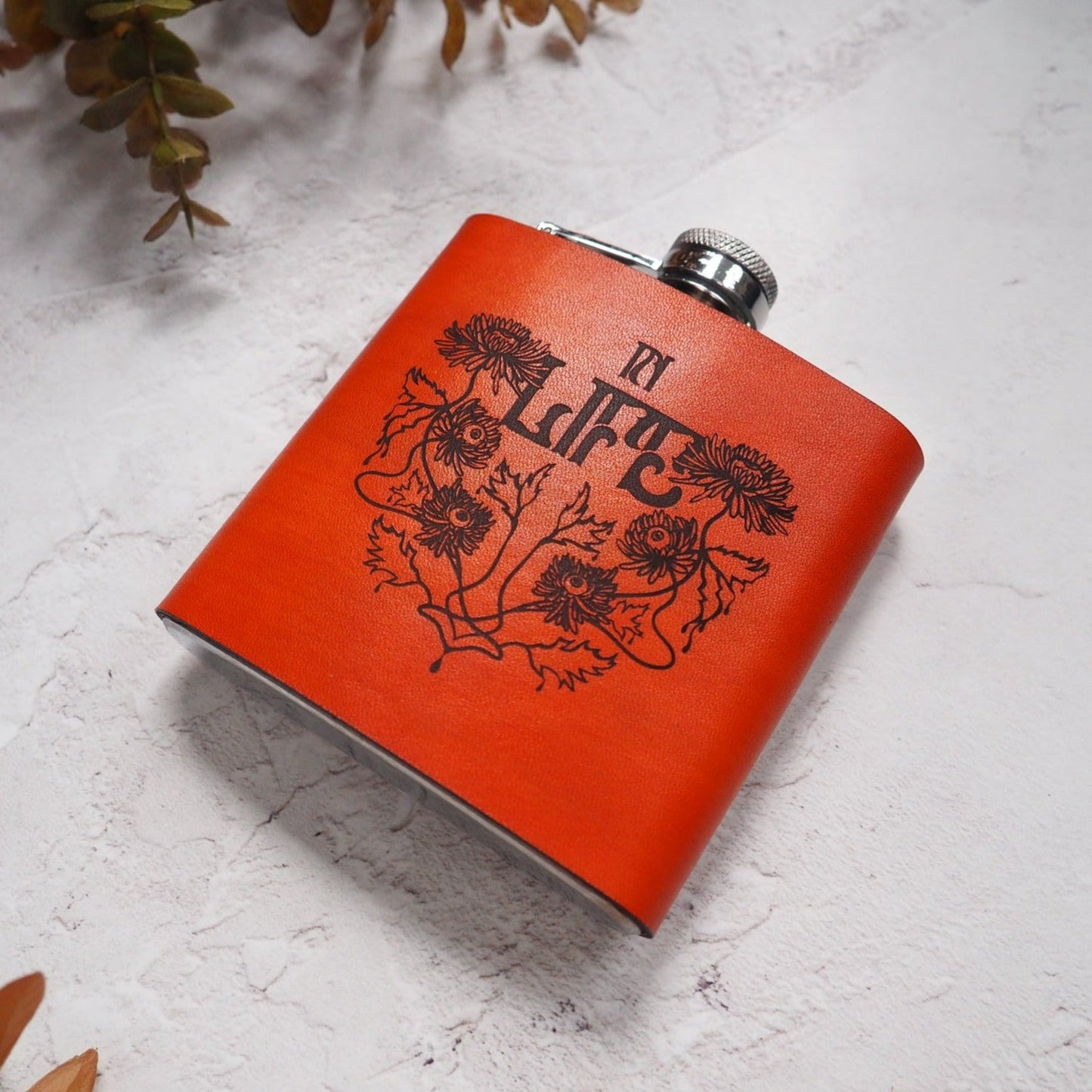 Psychededlic Flowers, Orange Hip flask by Hord
