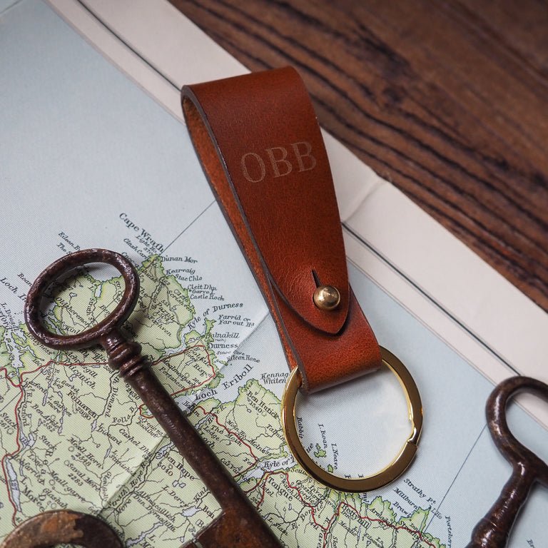 Italian tan leather key ring strap with personalised initials in Charter font