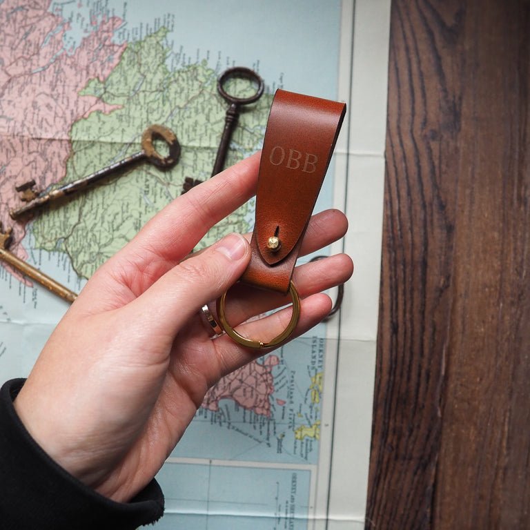 Italian Tan Leather Key Ring Strap, flat split ring with sam browne in gold