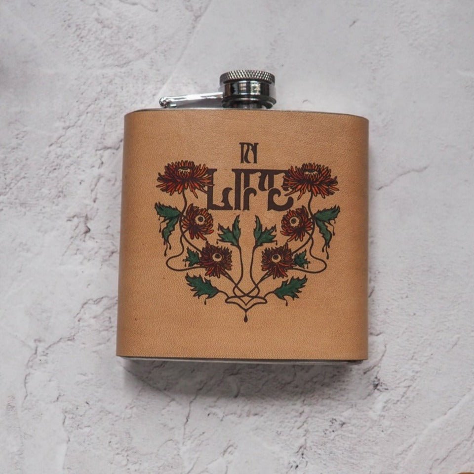 Hand painted psychedelic hip flask, by hord