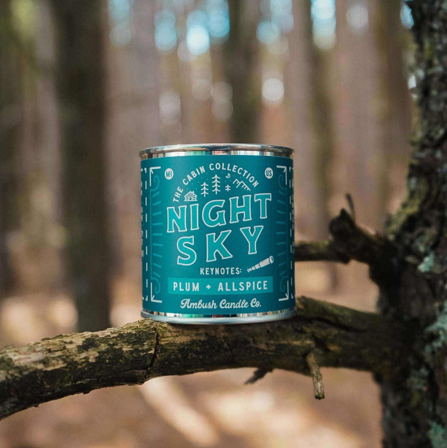A can of 'Night Sky' plum + allspice scented candle by Ambush Candle Co. placed on a wooden branch in a forest setting.