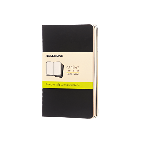 Black Moleskine pocket notebook on a white background