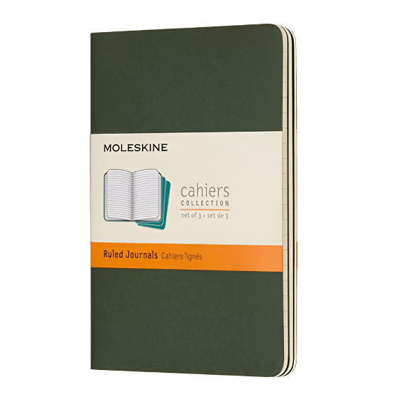 Moleskine notebook with green cover on a white background