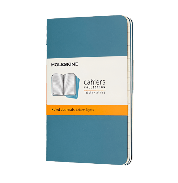 Moleskine notebook with blue cover and visible branding on a white background