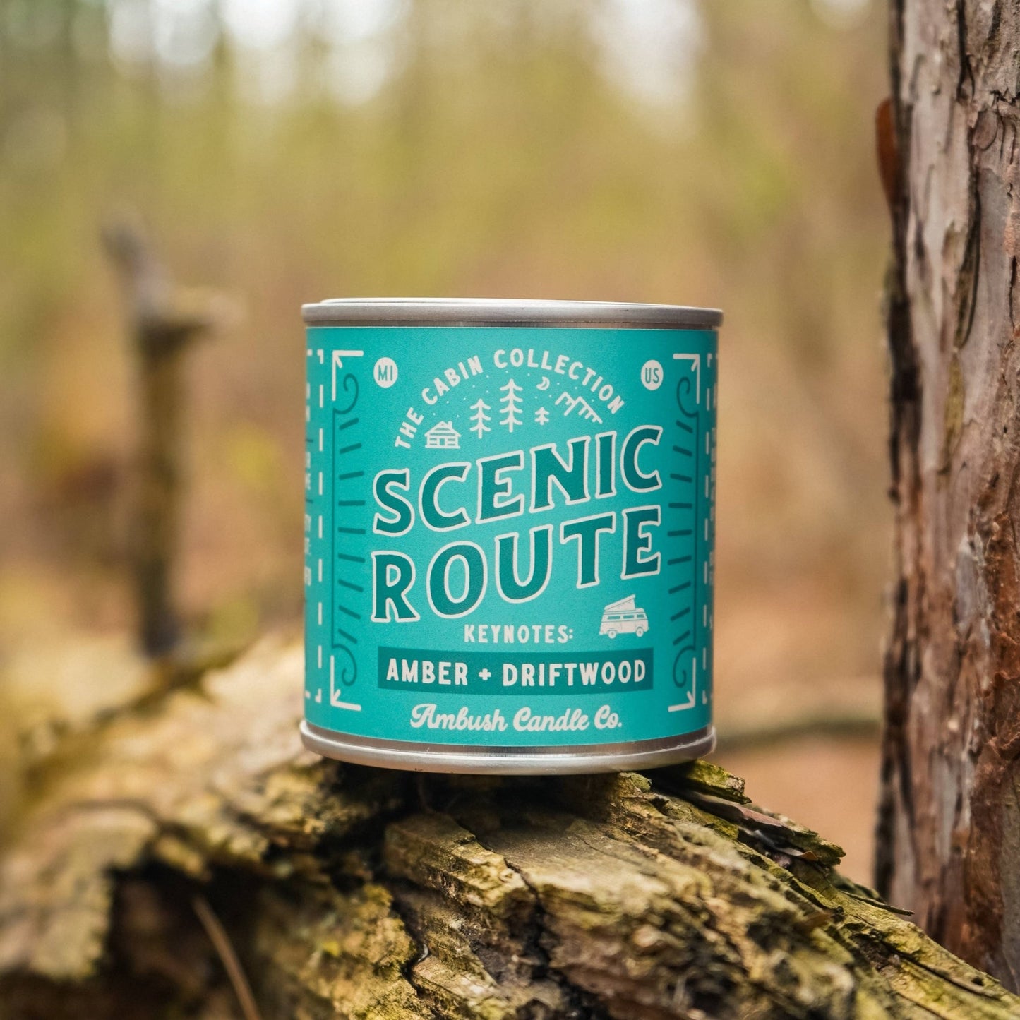 Scenic Route Amber and Driftwood Tin Candle