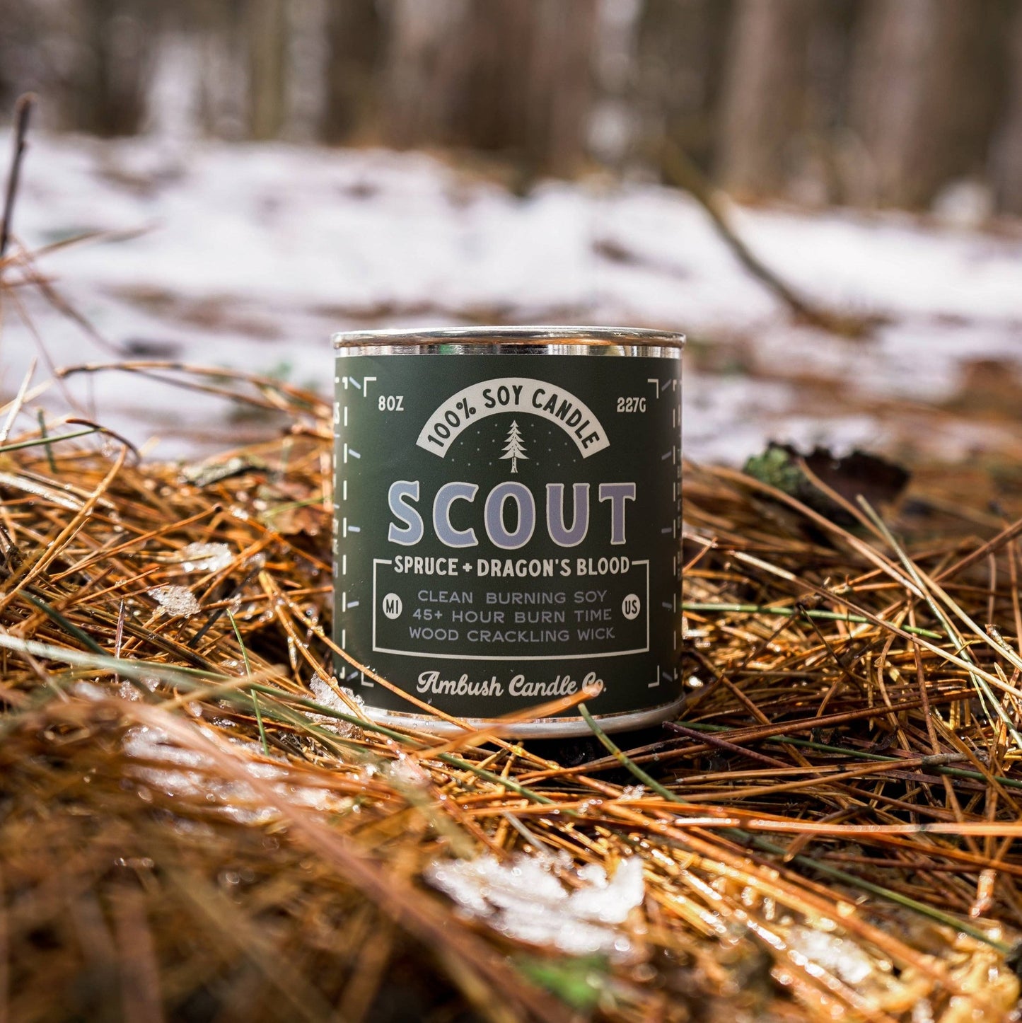 A can of Scout soy candle with 'Spruce Dragon's Blood' label, placed on a bed of pine needles in a natural outdoor setting.