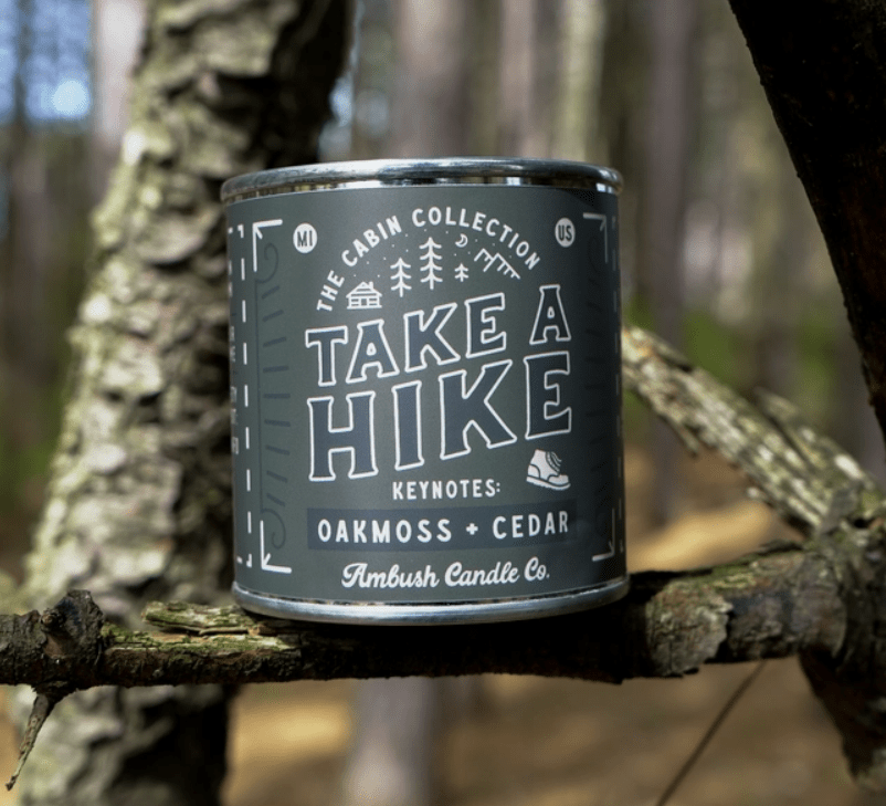 Take a Hike tine Candle, keynots of oakmoss and cedar