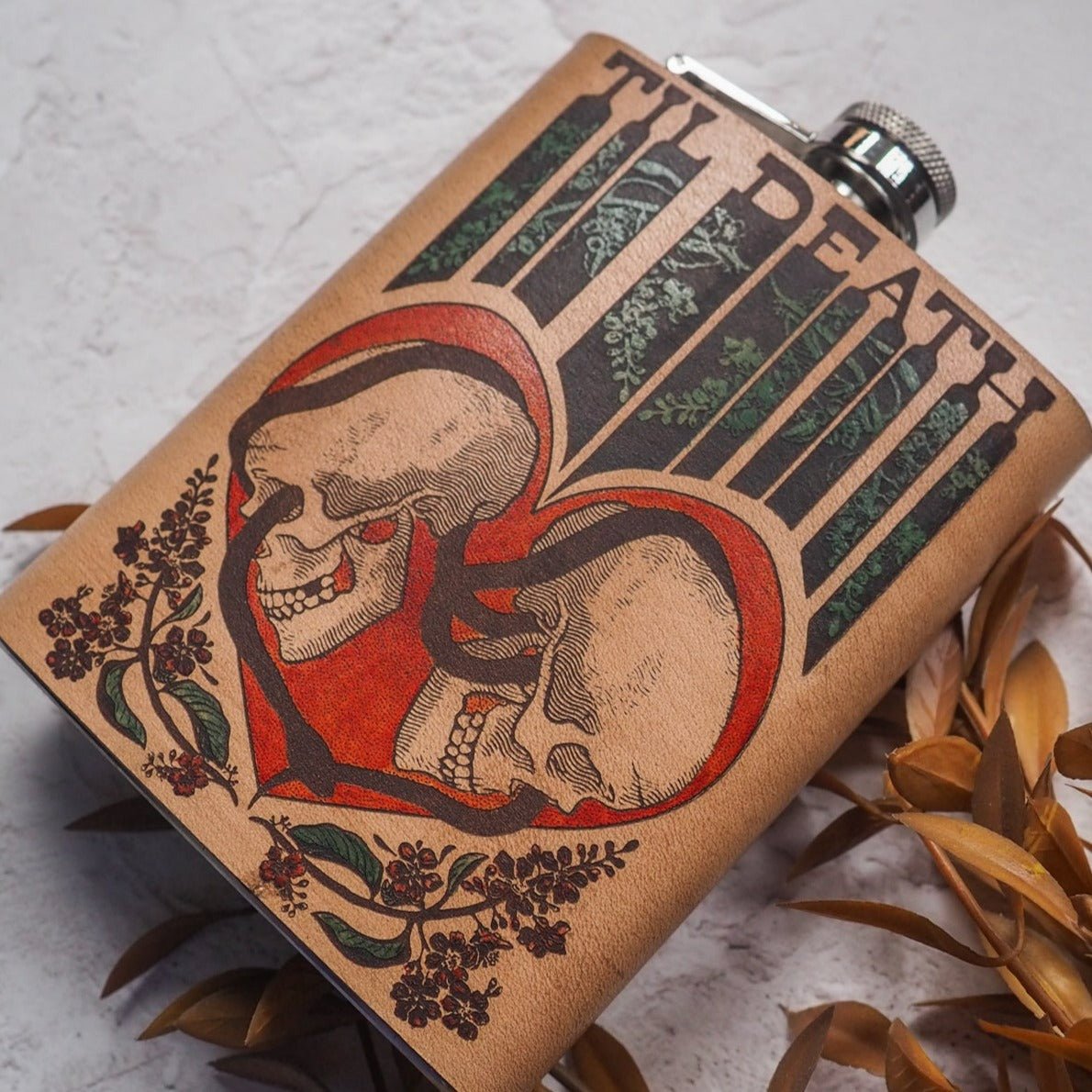 Late 60s Psychedelic Skulls Design on Til Death Hip Flask - Perfect Wedding Gift
