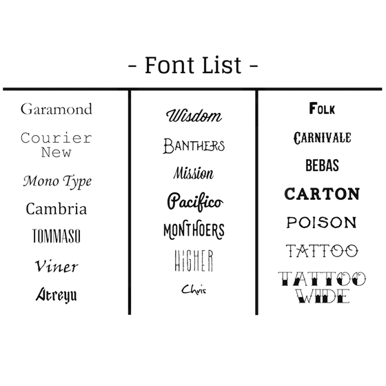 The choices of font available for the personalisation of the Hunter flask.