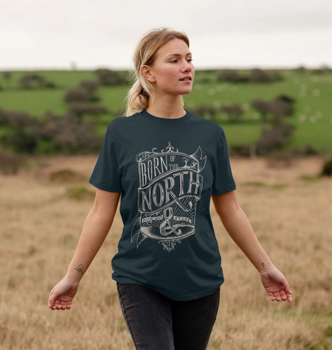 Denim Blue Born of the North, Front Printed, Unisex T-Shirt. The Northern T Shirt By Hord.
