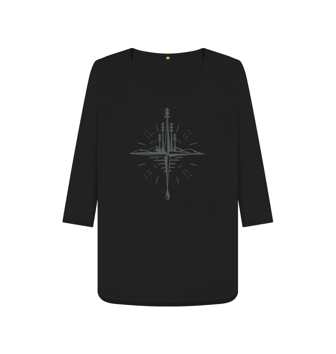 Compass - Womens 3\/4 sleeve top, anorganic long sleeve top in black from Hord.