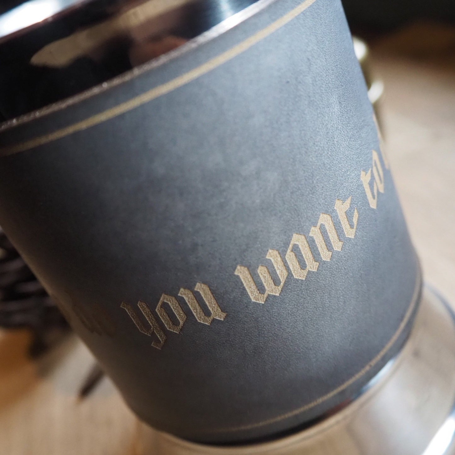 Closer look at the engraving of the custom tankard.
