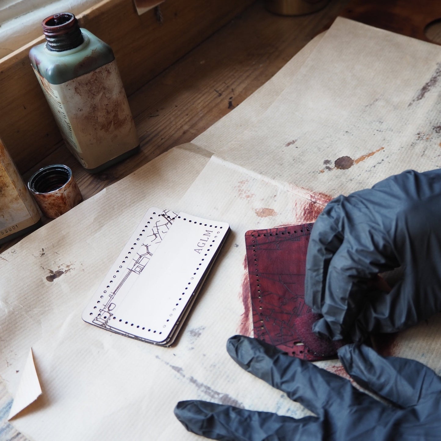 The luxury leather card holder being handcrafted at our studio.