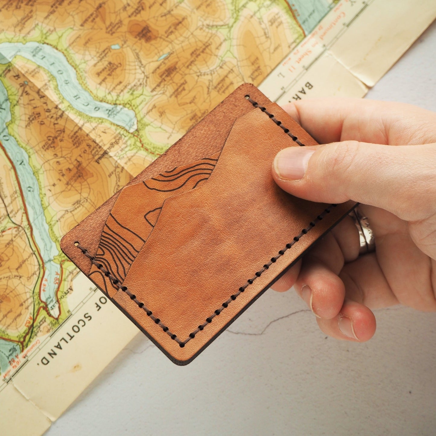 Custom Topography Card Holder, an engraved leather card holder from Hord.