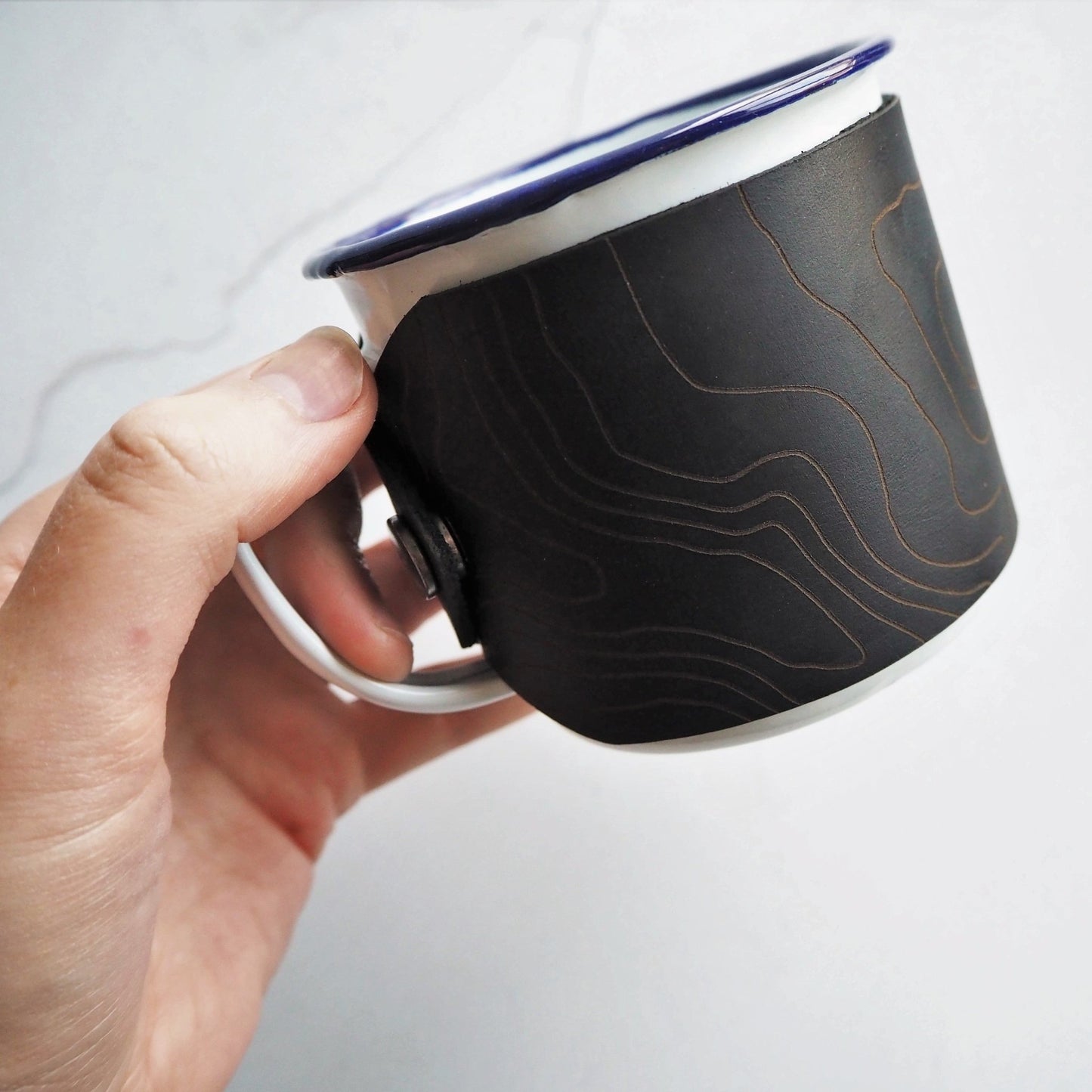 Enamel Mug with Custom Topography Leather Wrap by HÔRD.