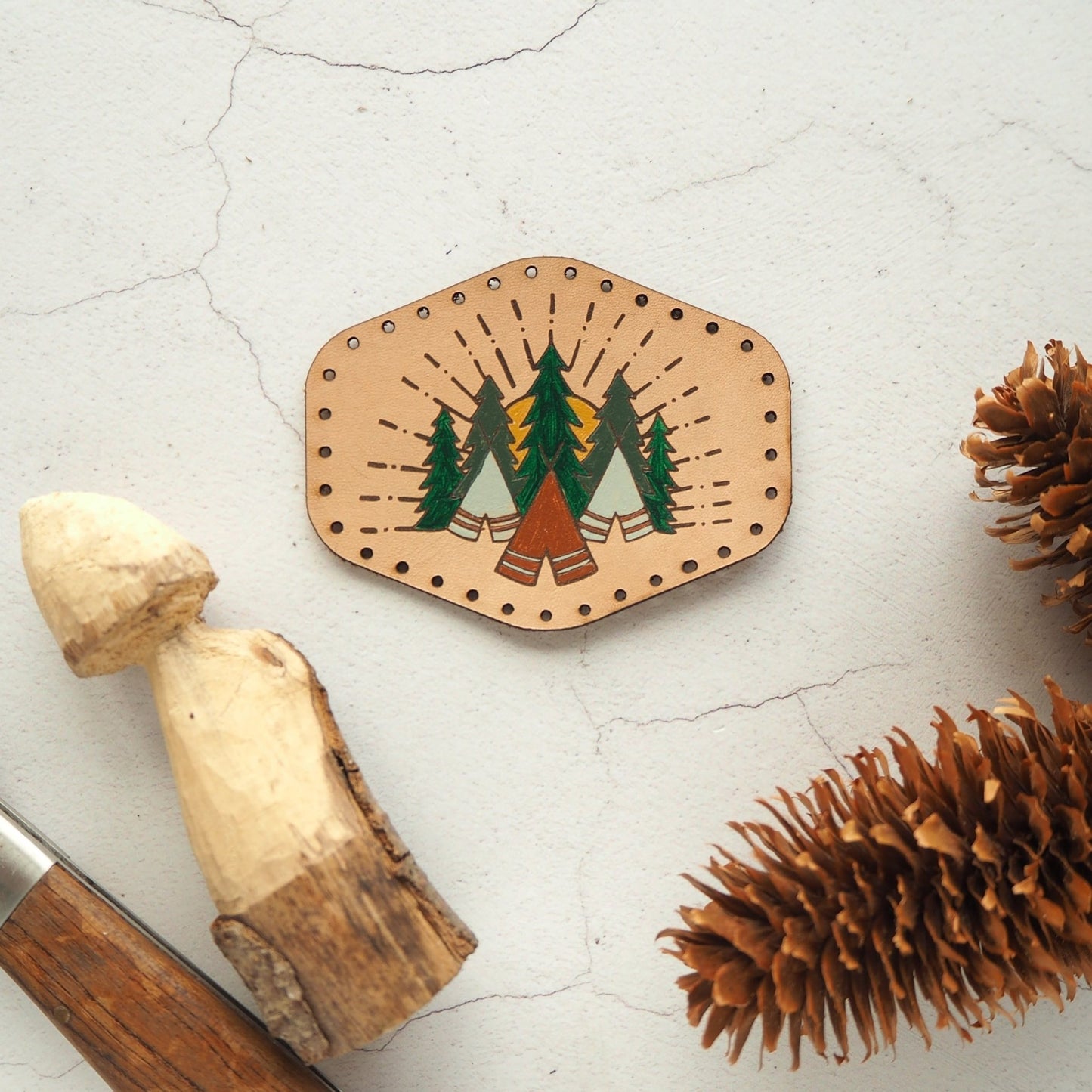 This camping patch has been made from luxurious leather and hand painted.