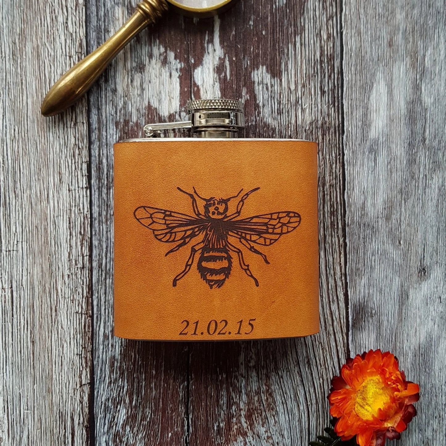 The Honey Bee Leather Flask, a Bee Flask from Hord.