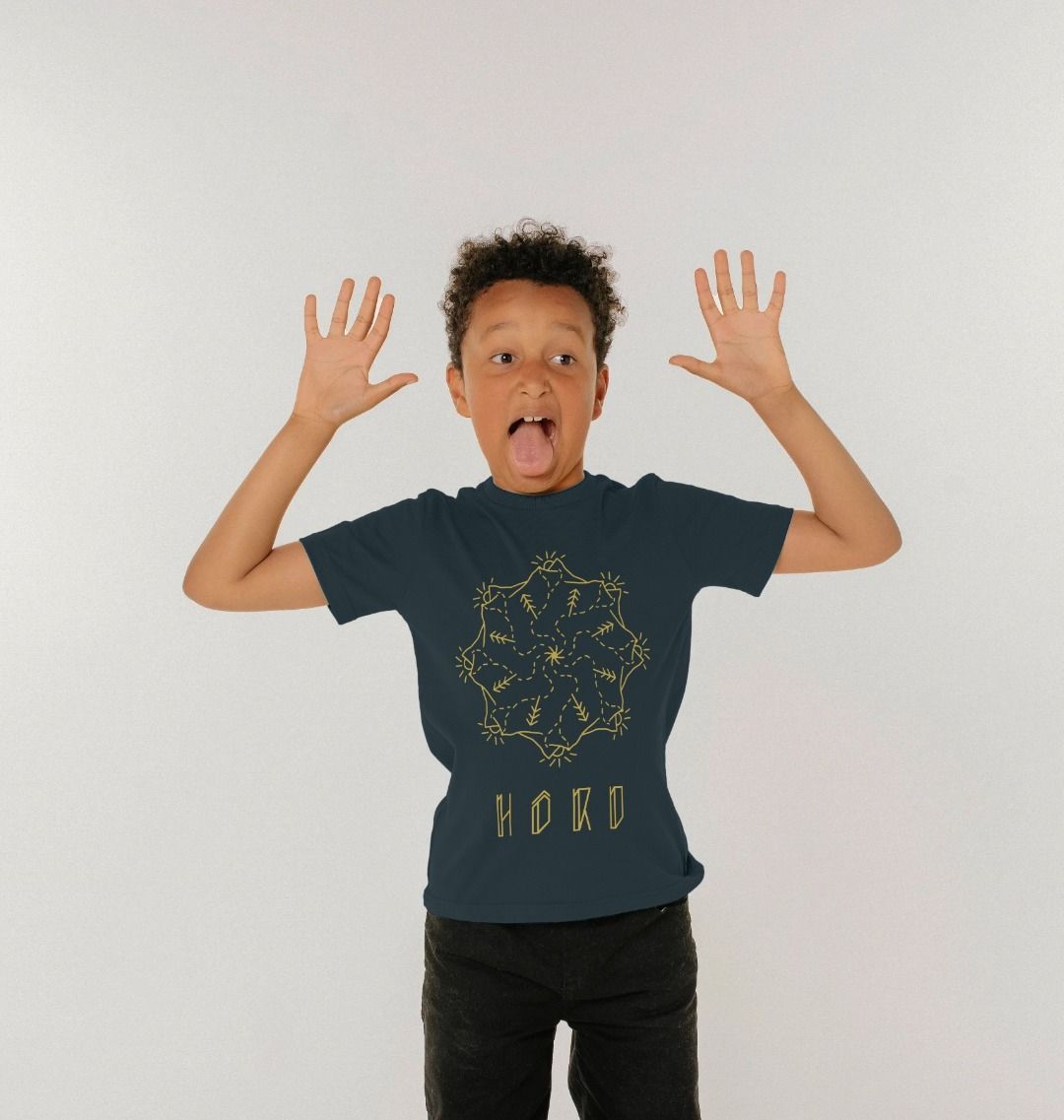Kids Mountain Mandala T-Shirt in denim blue, a sustainable kids clothing from Hord.
