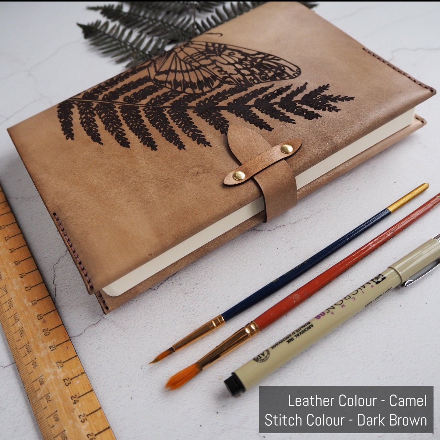 This Moth Notebook has been handcrafted in camel leather colour and hand stitched in dark brown double waxed linen thread for longevity.