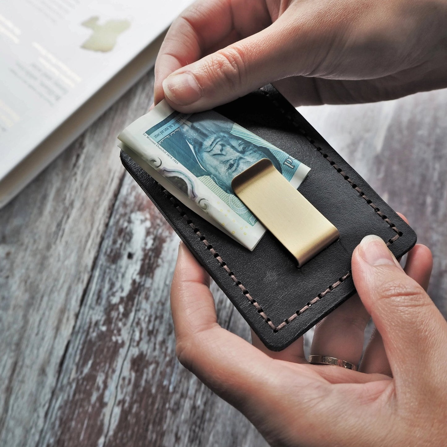 Mountain Card Holder (Ombre) with Money Clip with money clipped securely.