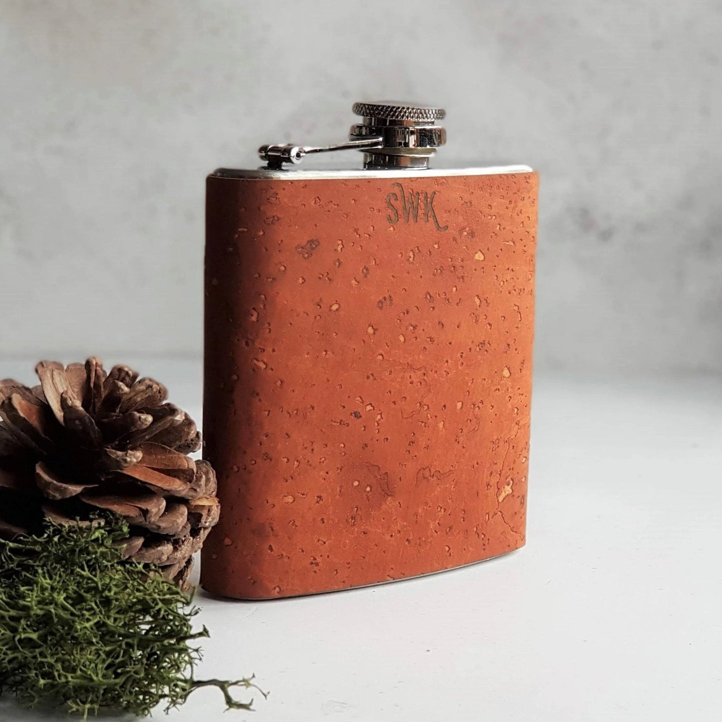 This monogram flask is made from cork.