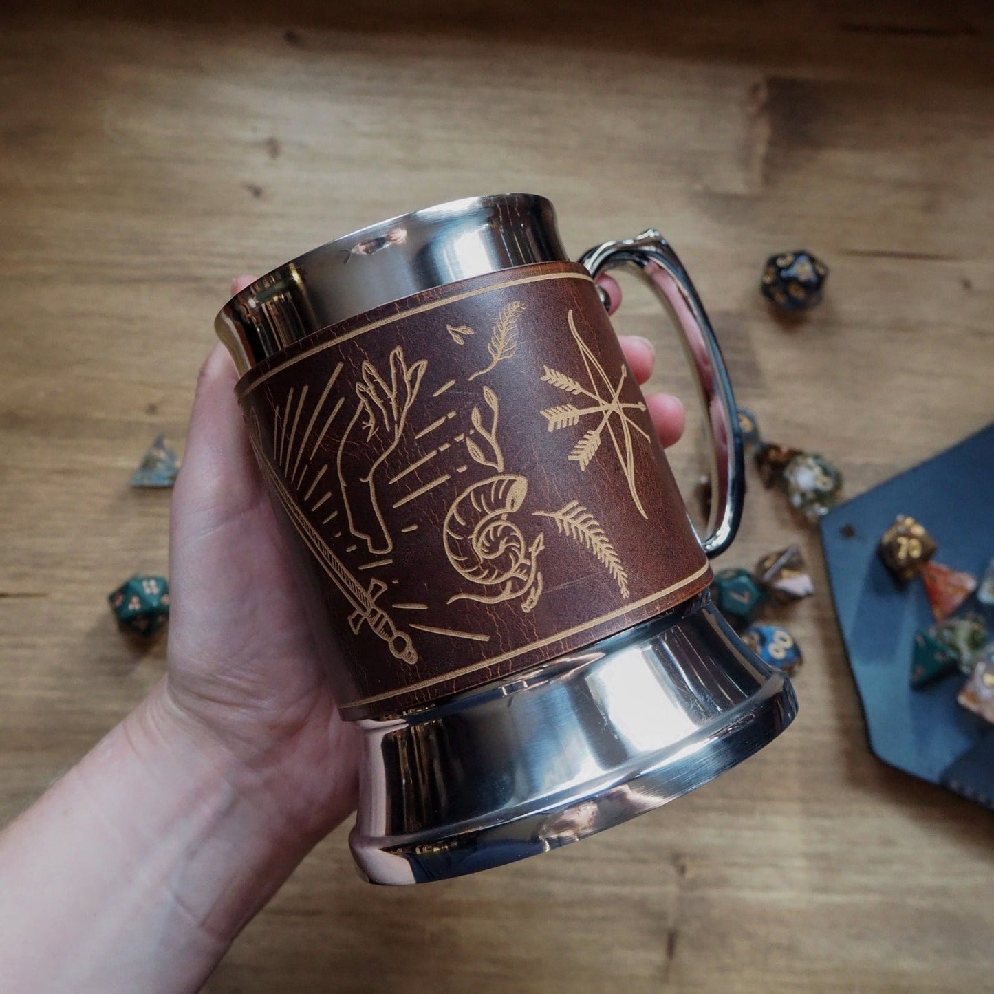 The Dungeoneers Tavern Mug in Chestnut is made from luxurious leather and wrapped around a steel tankard.