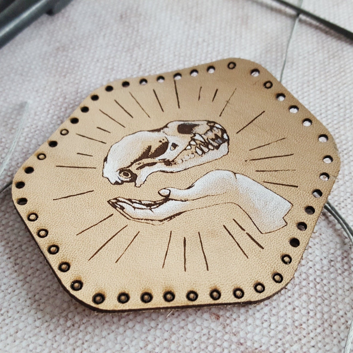 The Levitation Hand Painted Leather Patch by HORD - With pre-cut holes for stitching, this patch can be neatly sewn to your satchel, beanie, hoodie and more. The Magician Patch from Hord.