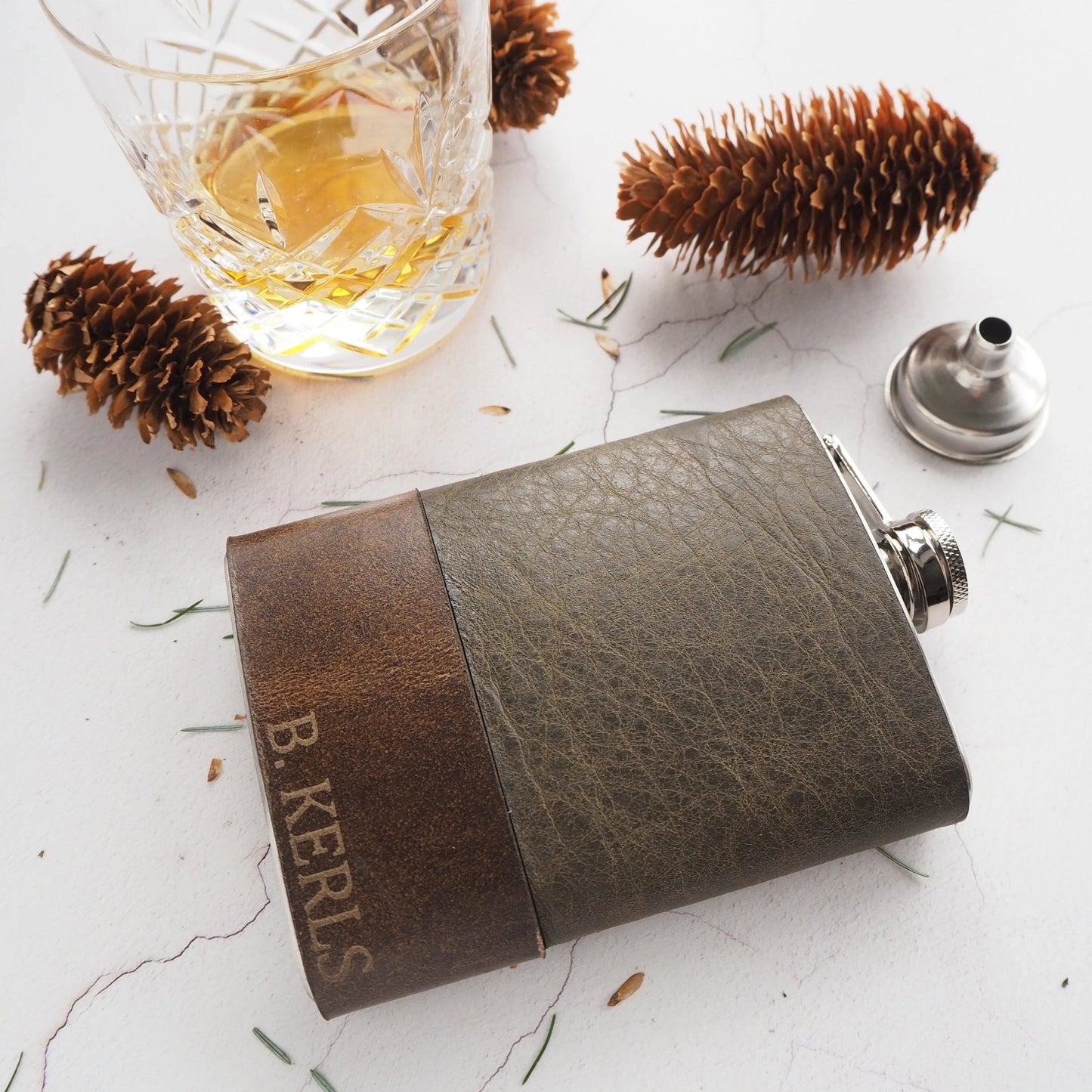 Custom name and initial engraved onto the Moss Leather Flask
