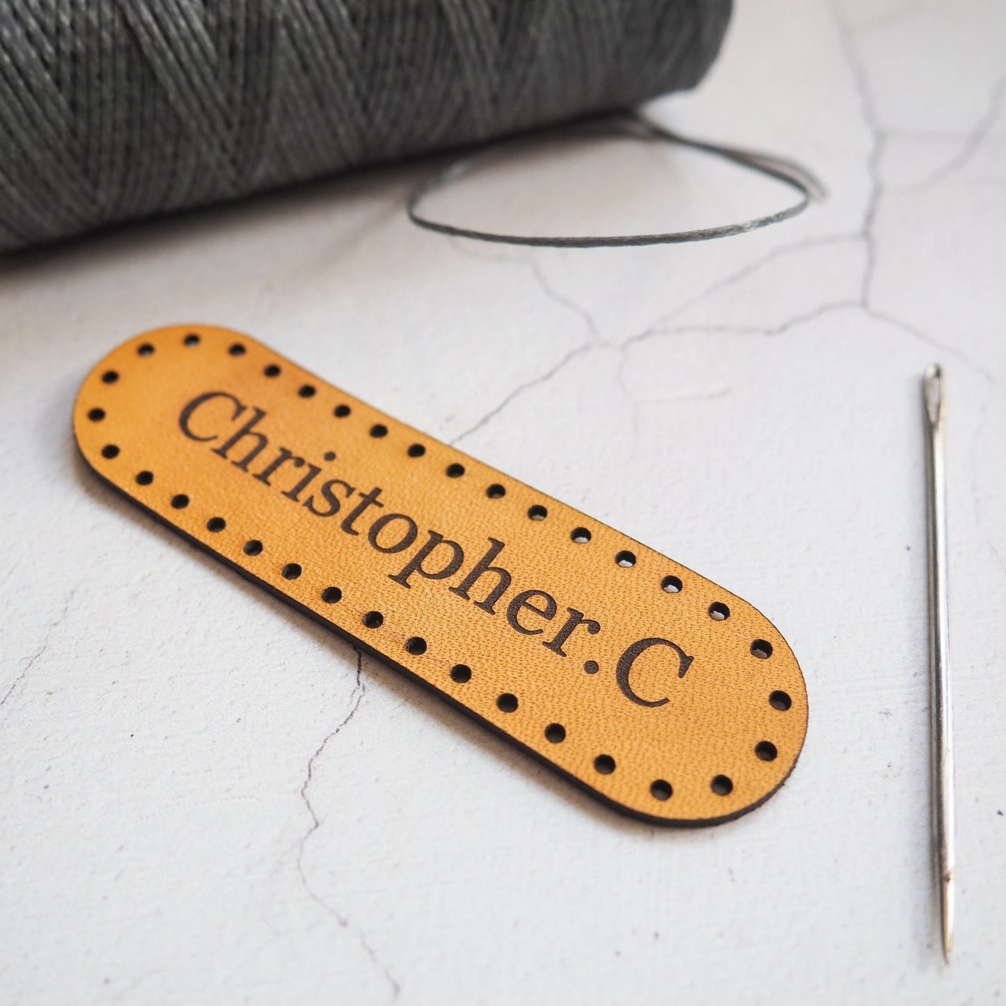 Closer look at the personalised leather patch from Hord.