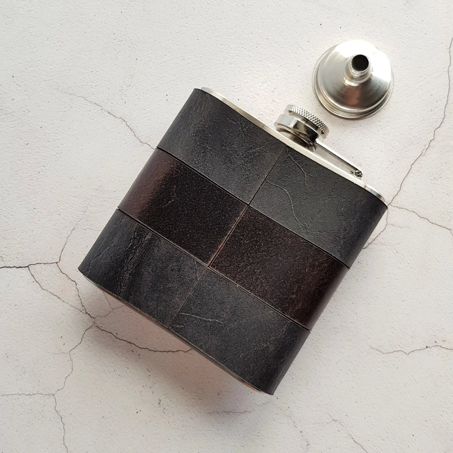 The posterior view of the Smoke and Peat Leather Flask