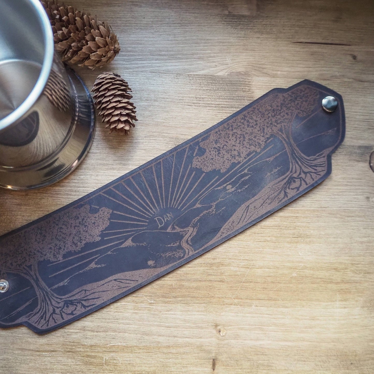 Full view of the leather wrap of the engraved pint tankard.