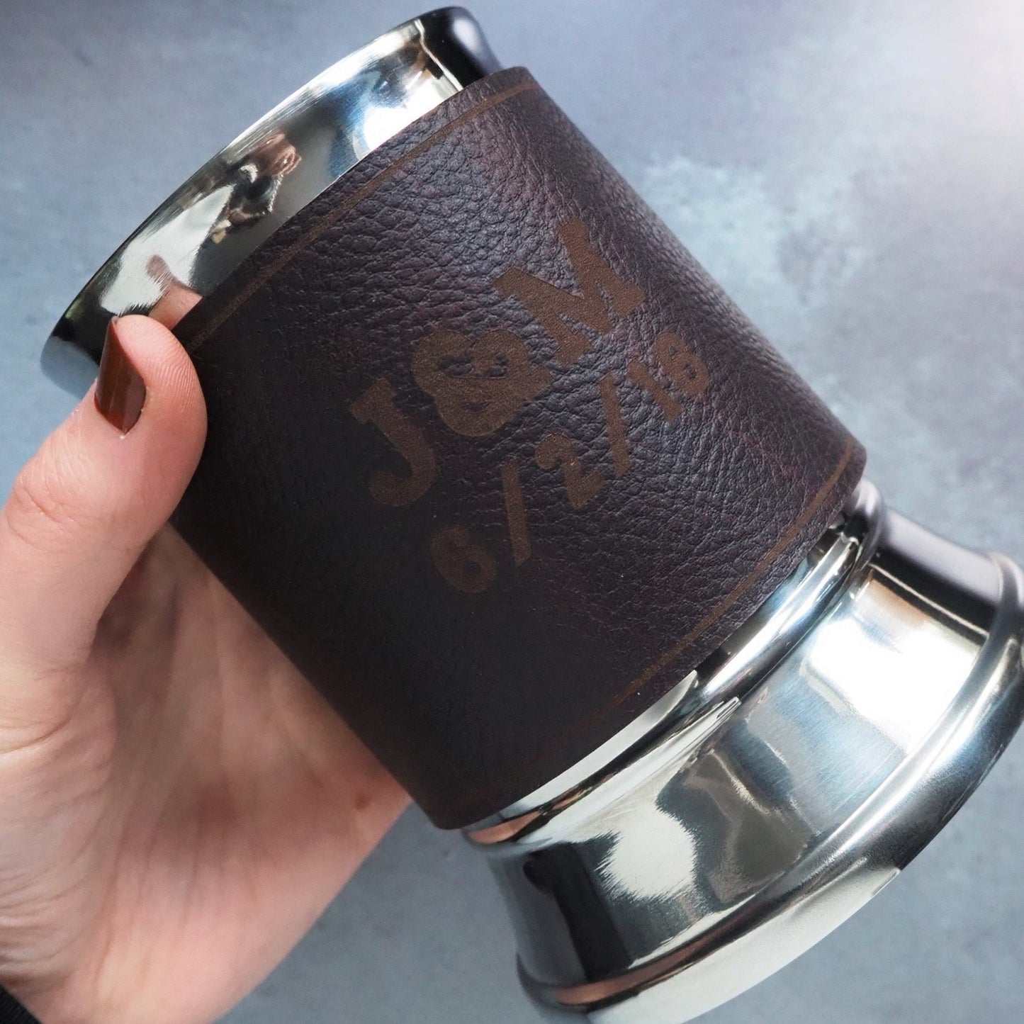 The Wedding Tankard from hôrd that has been personalised with an initial and date.