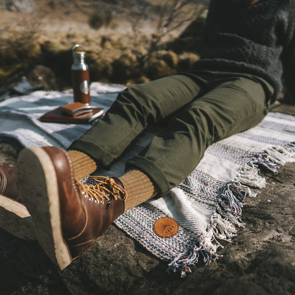 A man sits on a picnic blanket