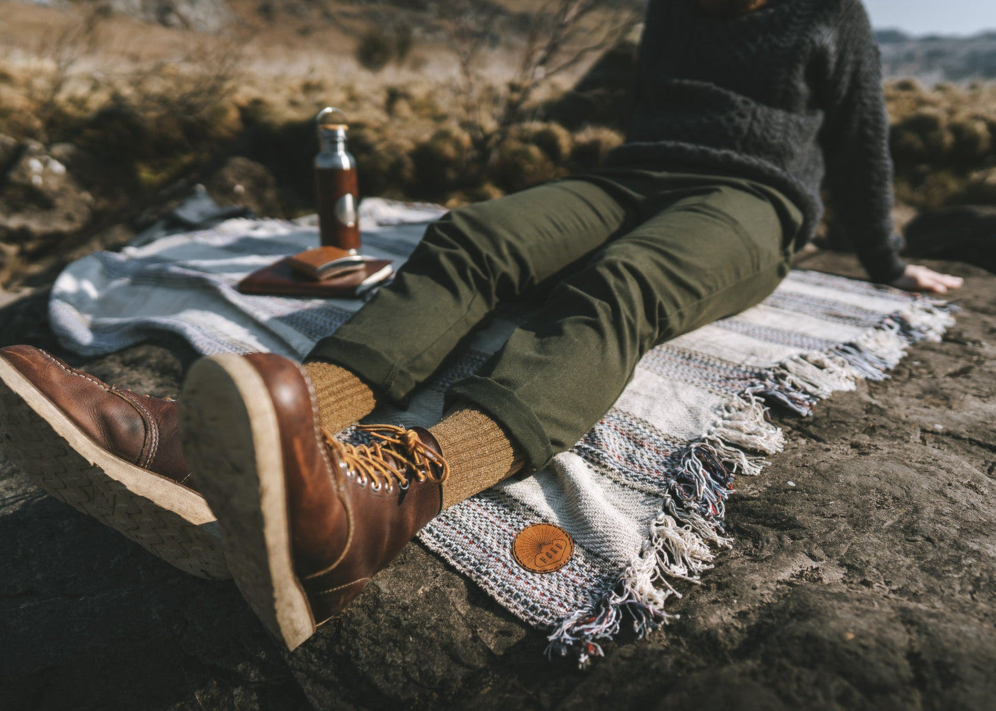 A man sits on a picnic blanket