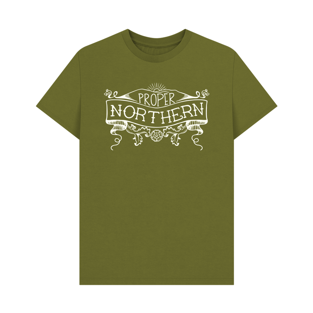 
                  
                    Moss Green Unisex Proper Northern T-shirt - Cream print
                  
                