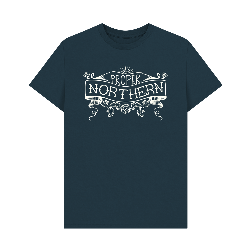 
                  
                    Denim Blue Unisex Proper Northern T-shirt - Cream print
                  
                