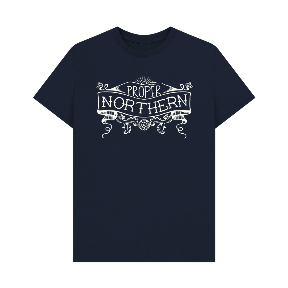 
                  
                    Navy Blue Unisex Proper Northern T-shirt - Cream print
                  
                