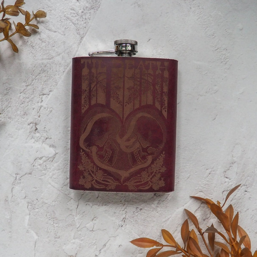 
                  
                    Til Death hip flask with retro styling, perfect for adding a touch of nostalgia to your wedding day.
                  
                