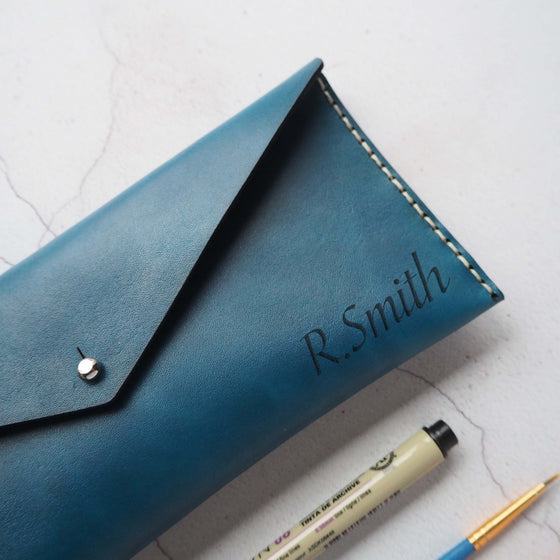 Personalised Leather Pencil Case - Dyed Leather, engraving in bottom right corner of R.Smith