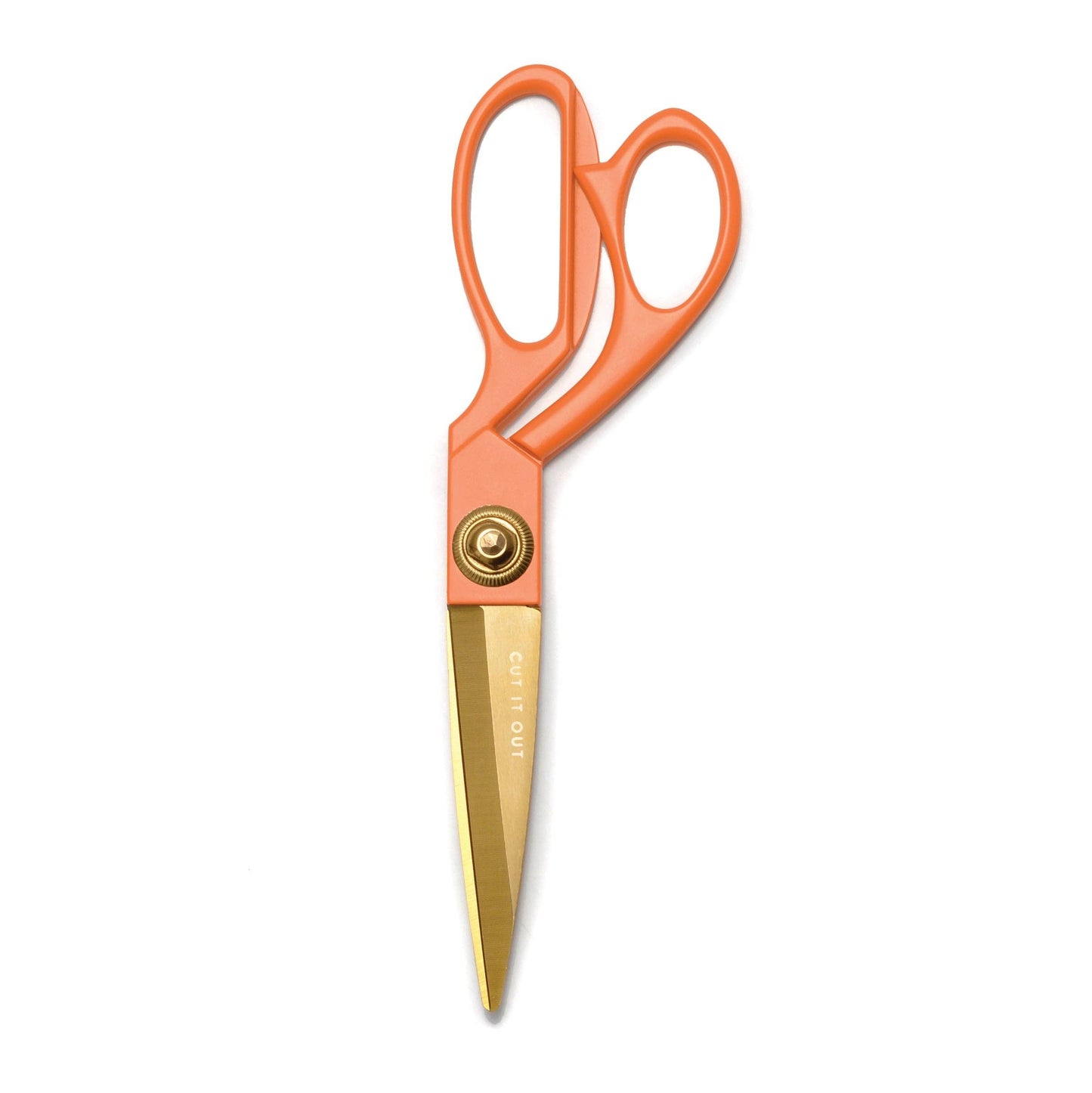Orange-handled scissors with gold blades on a white background