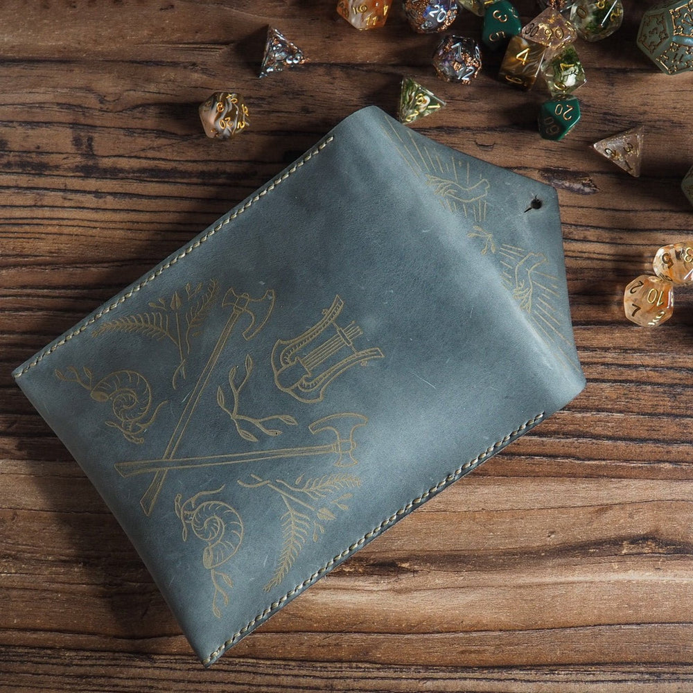 
                  
                    Leather Dice Pouch in Grey, with decorative engraving
                  
                