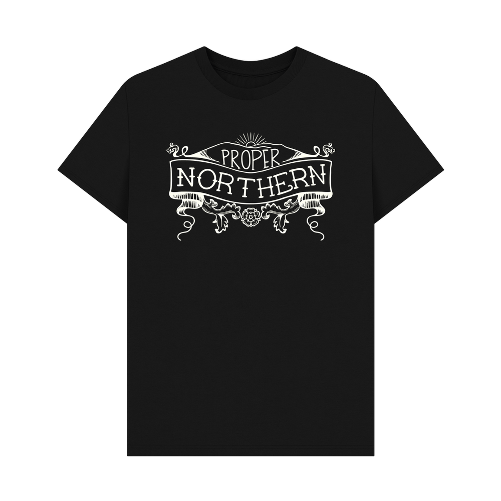 
                  
                    Black Unisex Proper Northern T-shirt - Cream print
                  
                