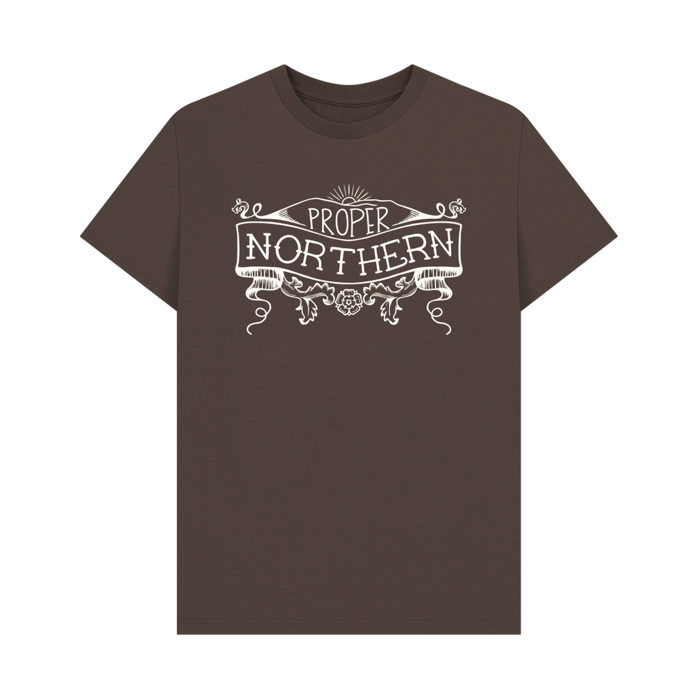 
                  
                    Chocolate Unisex Proper Northern T-shirt - Cream print
                  
                