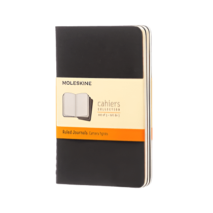 Black Moleskine notebook on a white background